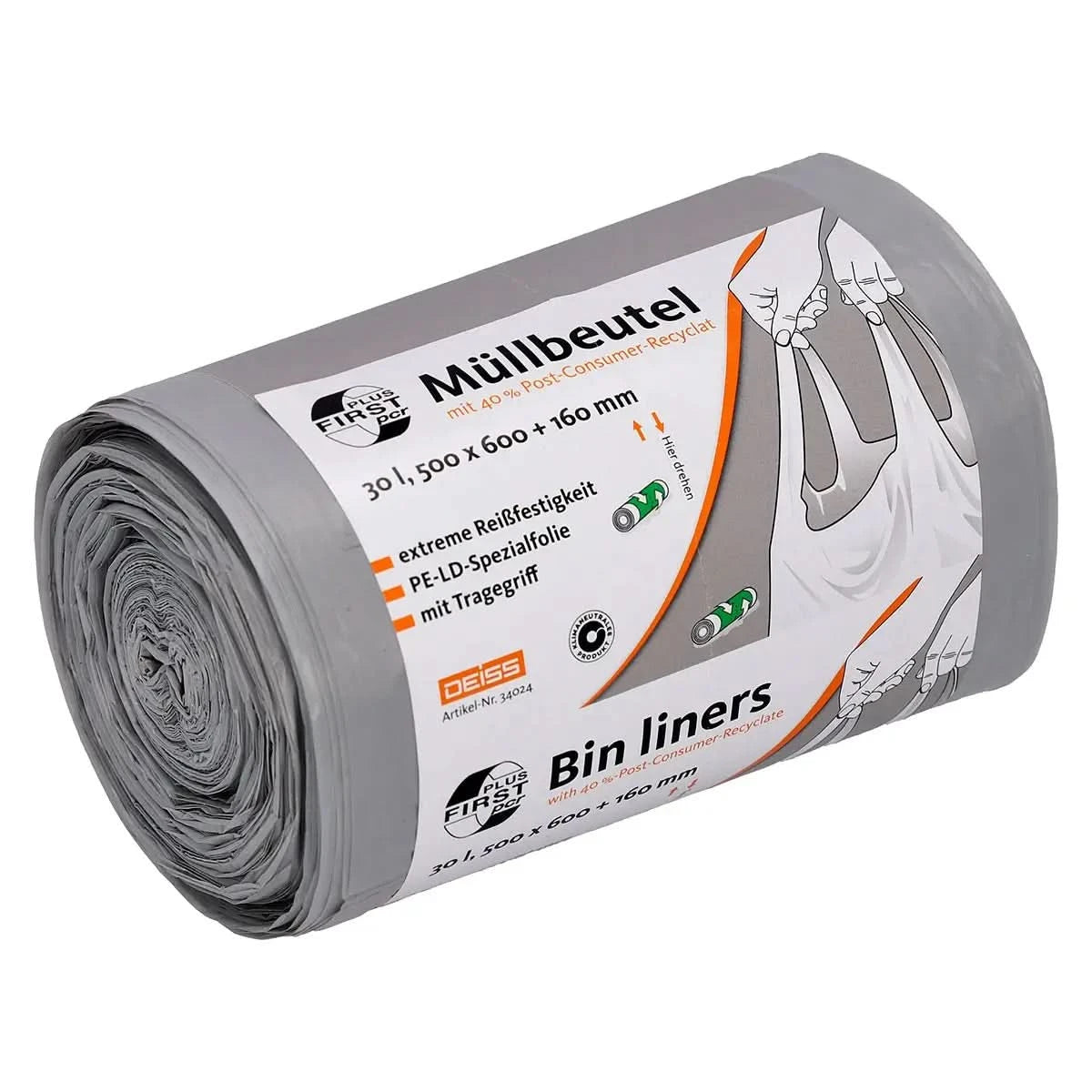 DEISS First Plus Müllbeutel mit Tragegriff 30 Liter Grau 34044.