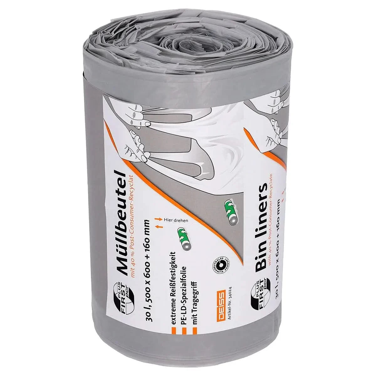 DEISS First Plus Müllbeutel mit Tragegriff 30 Liter Grau 34044.