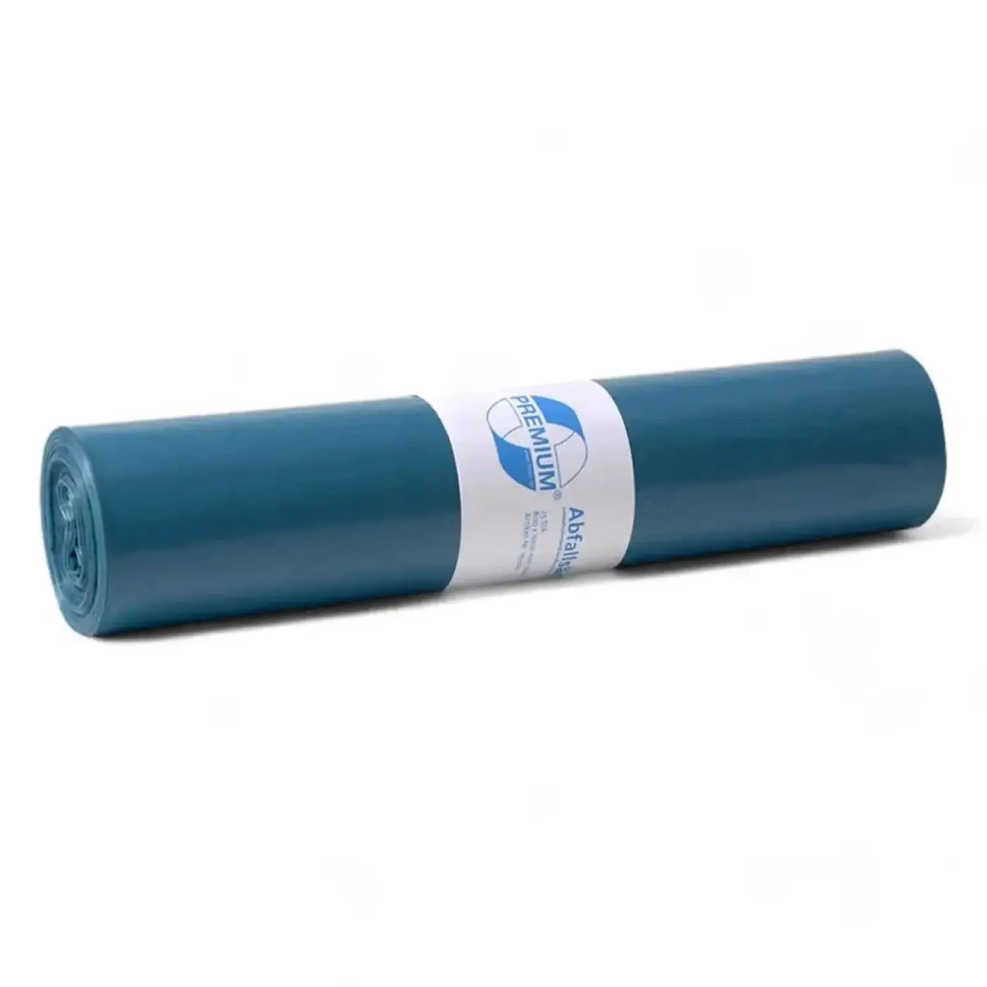 Tealfarbene, aufgerollte premium müllsäcke aus ldpe 120 liter bluetter typ 60 von deiss mit weißem etikett