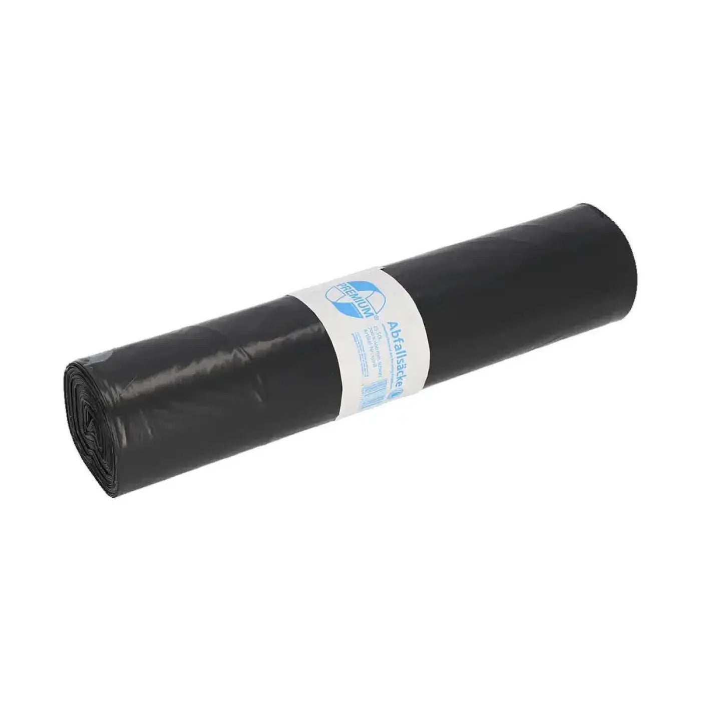 Deiss premium plus 120 liter schwarze müllsäcke aus plastik, gerollt und mit weißem etikett und blauem text versehen