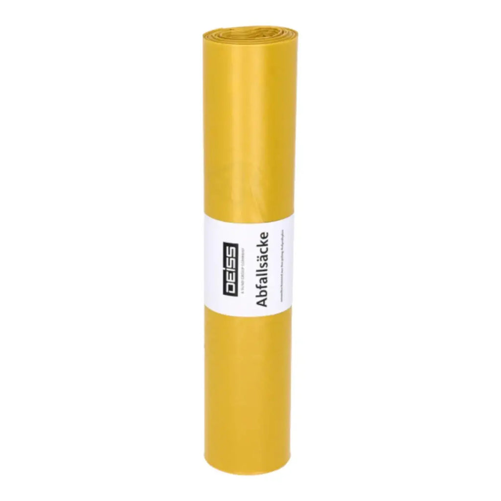 A roll of bright yellow deiss standard plastic trash bags 120 liter type 60 with german label