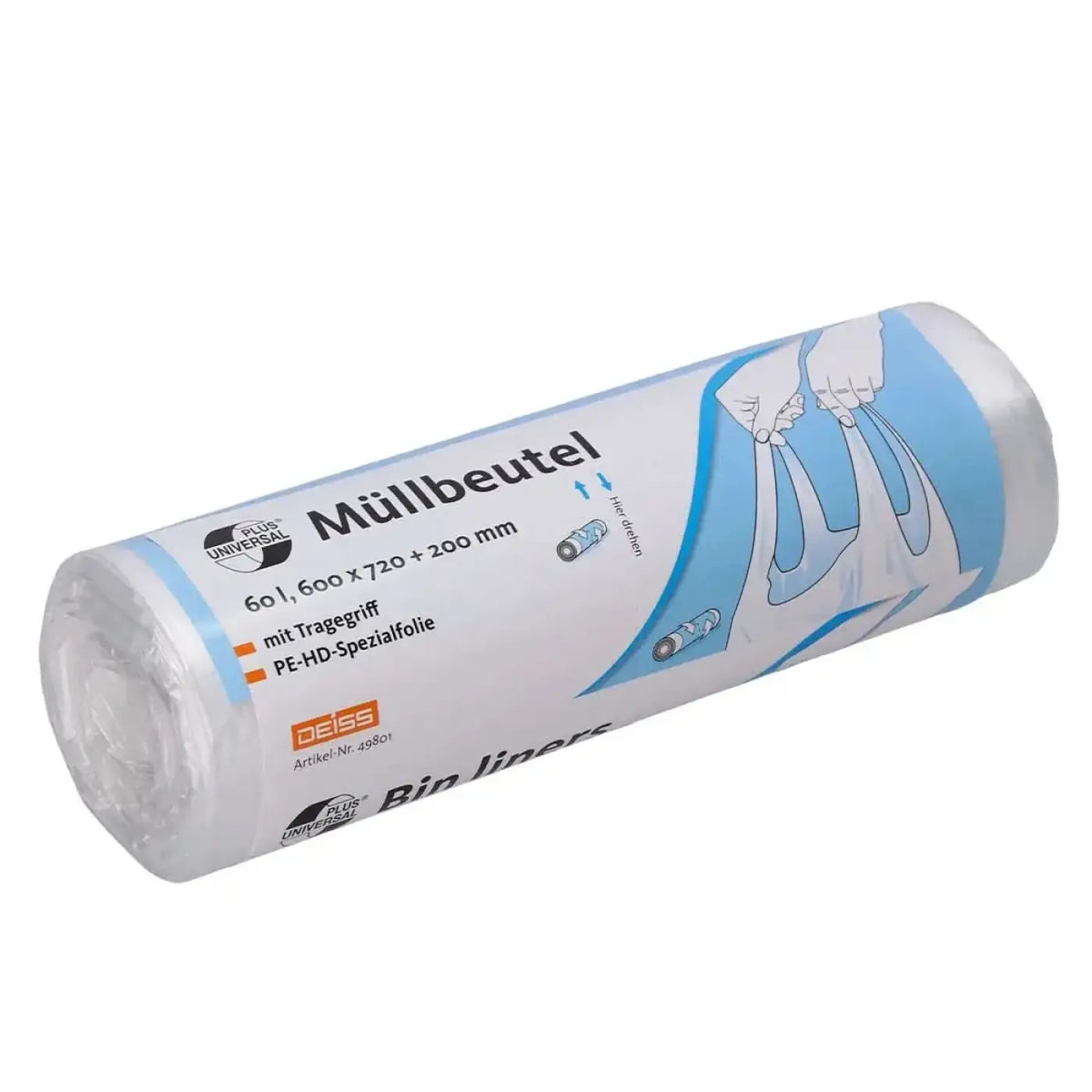 DEISS Universal Plus Müllbeutel 60 Liter HDPE mit Tragegriff 49801 – Produktabbildung; Lieferumfang: 20 Rollen