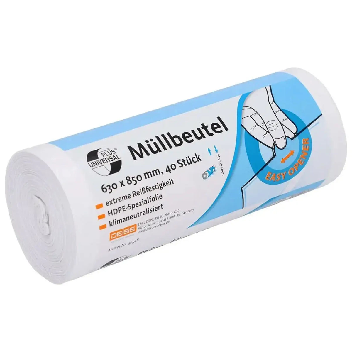 DEISS Universal Plus Müllbeutel HDPE 80 Liter Weiß 46928 passend für Drahtgitterkörbe – Produktabbildung; Lieferumfang: 1080 Rollen