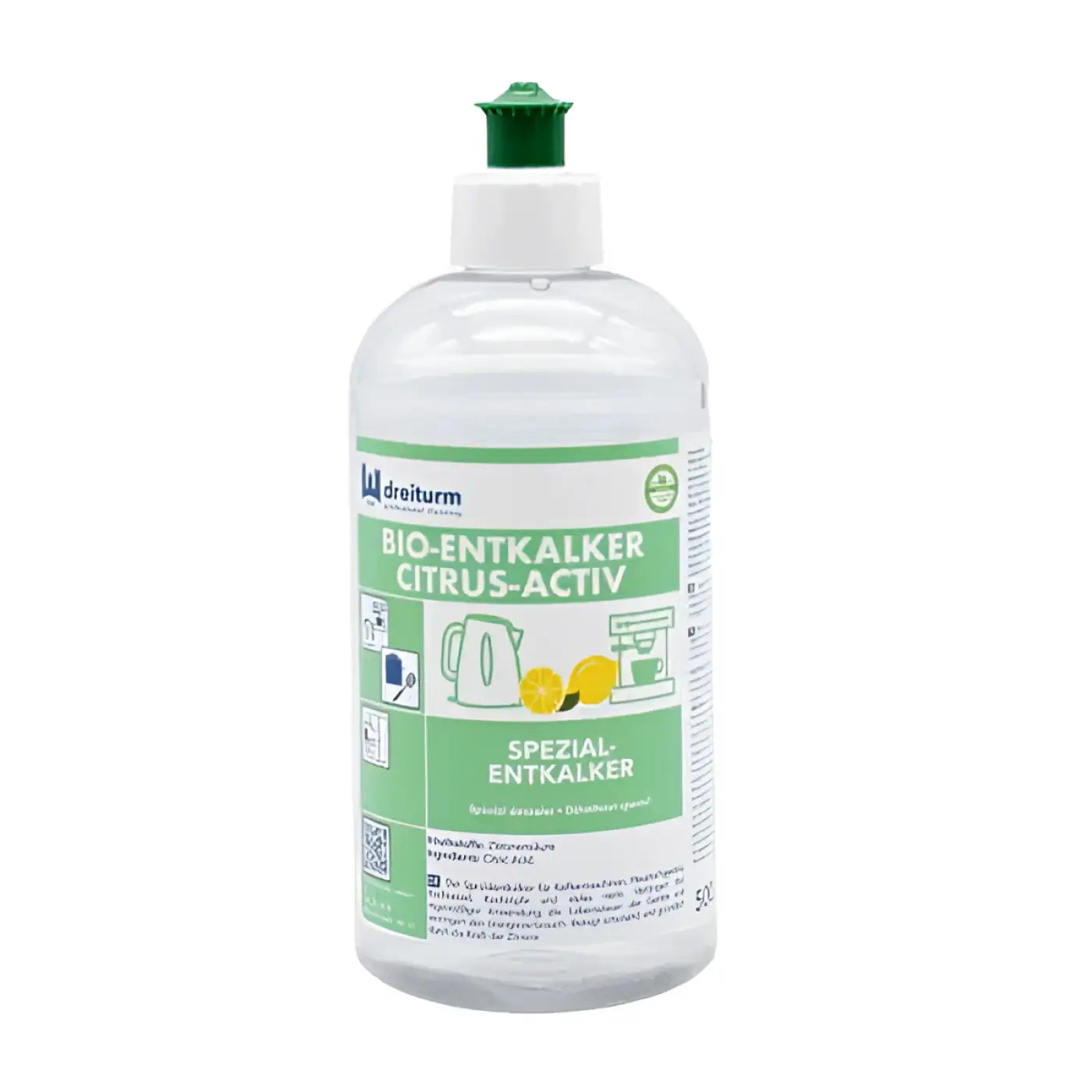 Clear plastic bottle with green cap and label of dreiturm bio-entkalker citrus activ 500ml descaling product