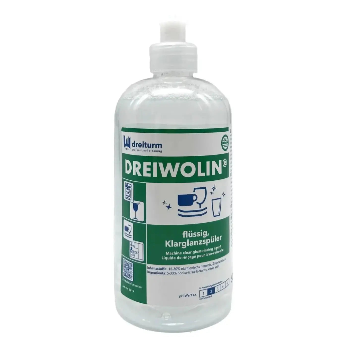 Klarspüler dreiwolin in einer durchsichtigen plastikflasche mit weißem klappdeckel und weiß-grünem etikett