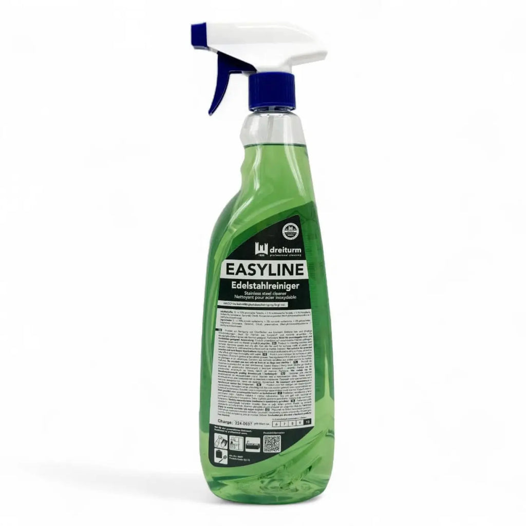 Grüne plastik-sprühflasche dreiturm easyline edelstahlreiniger mit blau-weißem abzug für edelstahlreinigung