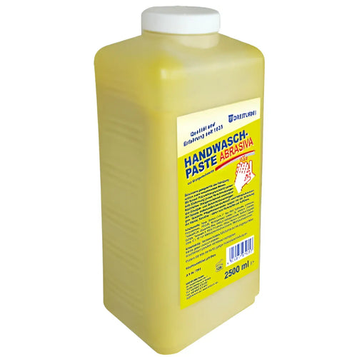 Gelbe plastikflasche mit weißem verschluss und gelbem etikett handwaschpaste abrasiva von greysen 2,5l