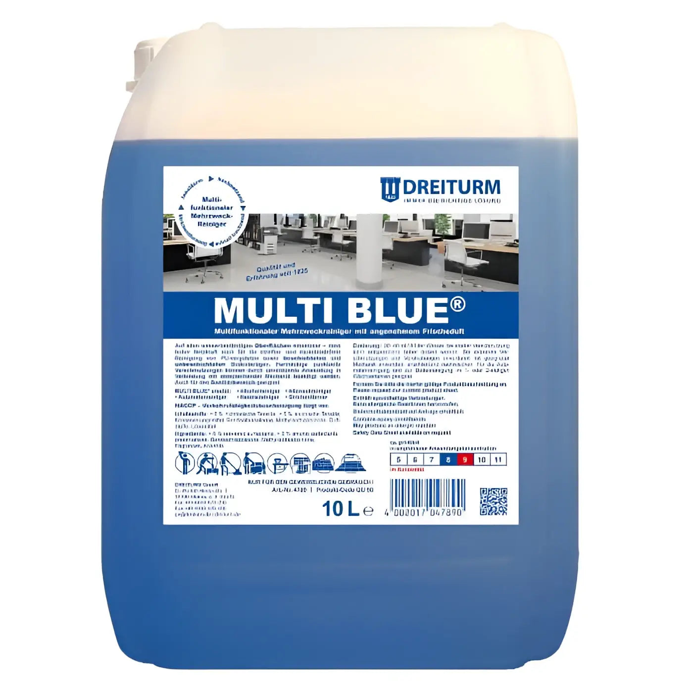 Blue and white plastic container of dreiturm multi blue multi-functional office cleaner 10l front side