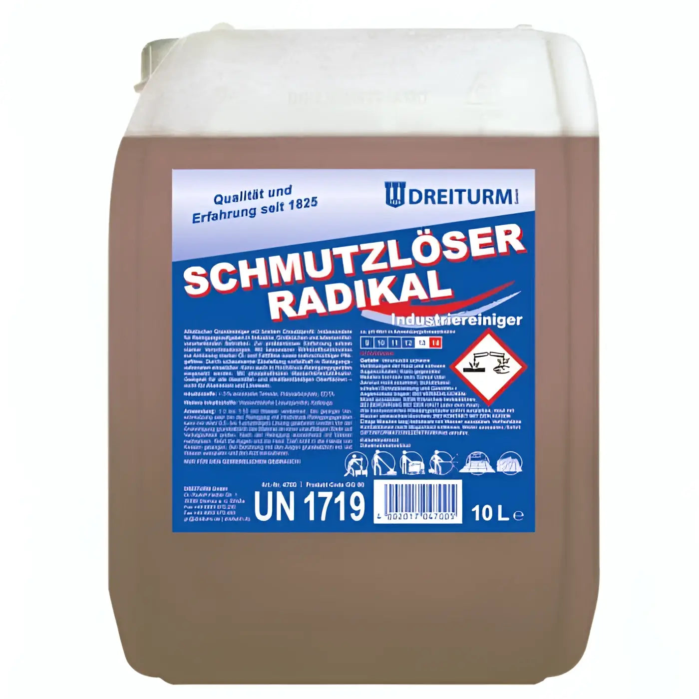 Braune flüssigkeit in weißem plastikbehälter schmutzlöser radikal industriereiniger 10 liter von dreiturm