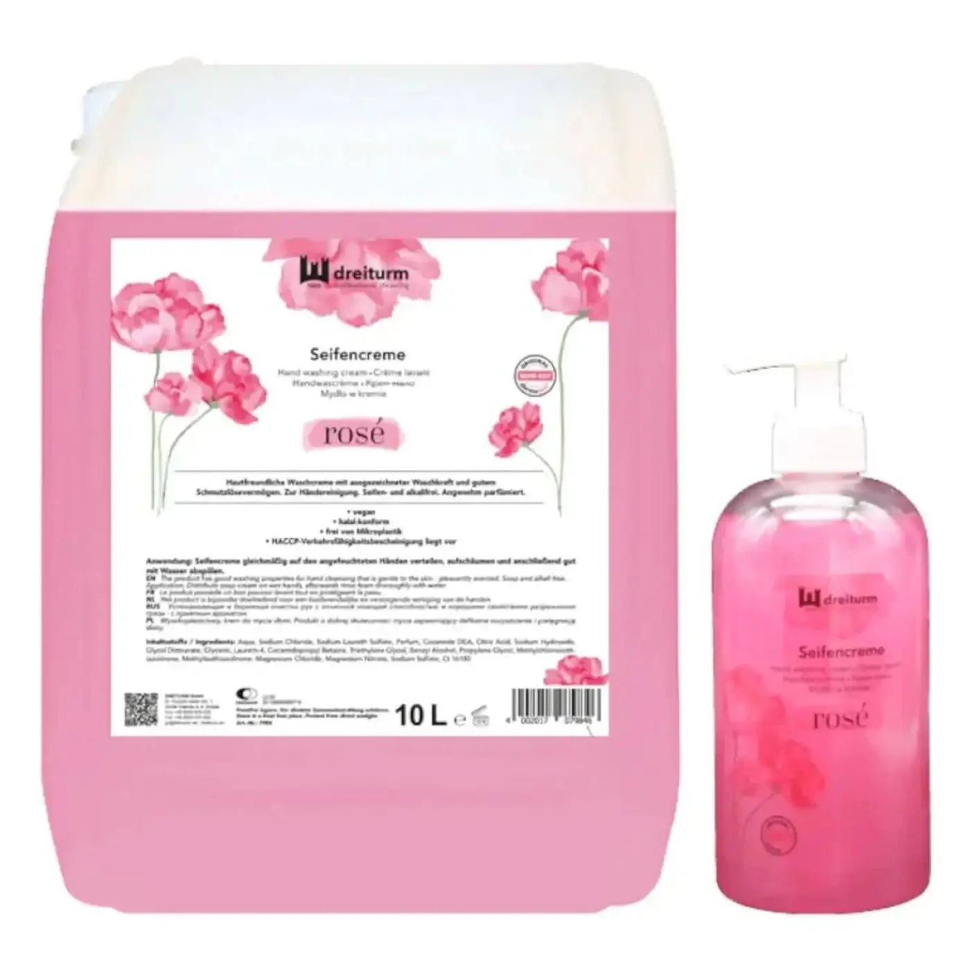 Roséfarbene dreiturm seifencreme mit floralem muster in 10l nachfüllkanister und passender pumpe