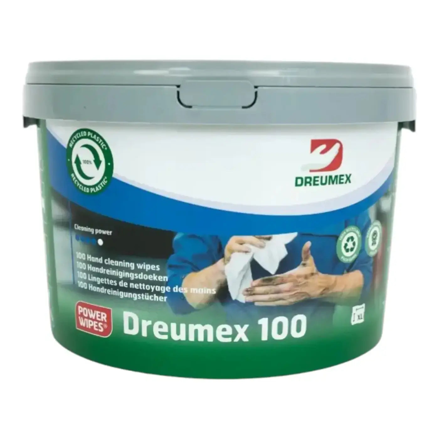 Grün-weißer plastikbehälter dreumex 100 xl-wipes reinigungstücher für hände und haut mit 100 tüchern