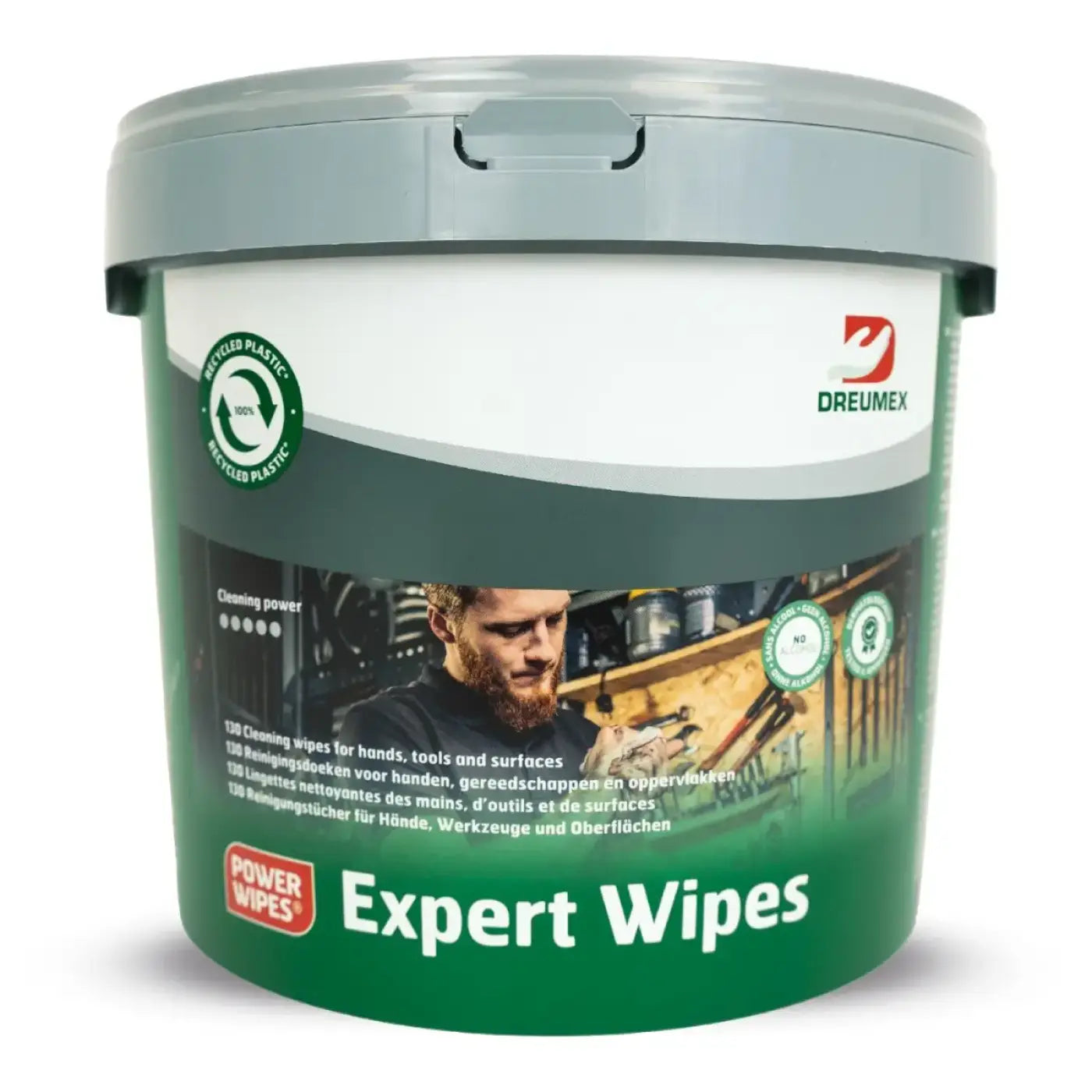 Grüner plastikbehälter mit grauem deckel der expert wipes reinigungstücher für hände und haut von dreumex zeigt