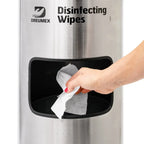 Dreumex spendersäule aus edelstahl mit schwarzem kunststoffspender für desinfektionstücher und abfallbehälter