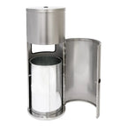 Dreumex spendersäule edelstahl mit abfallbehälter ist ein zylindrischer papierkorb mit seitlicher klappe und integriertem taschenspender