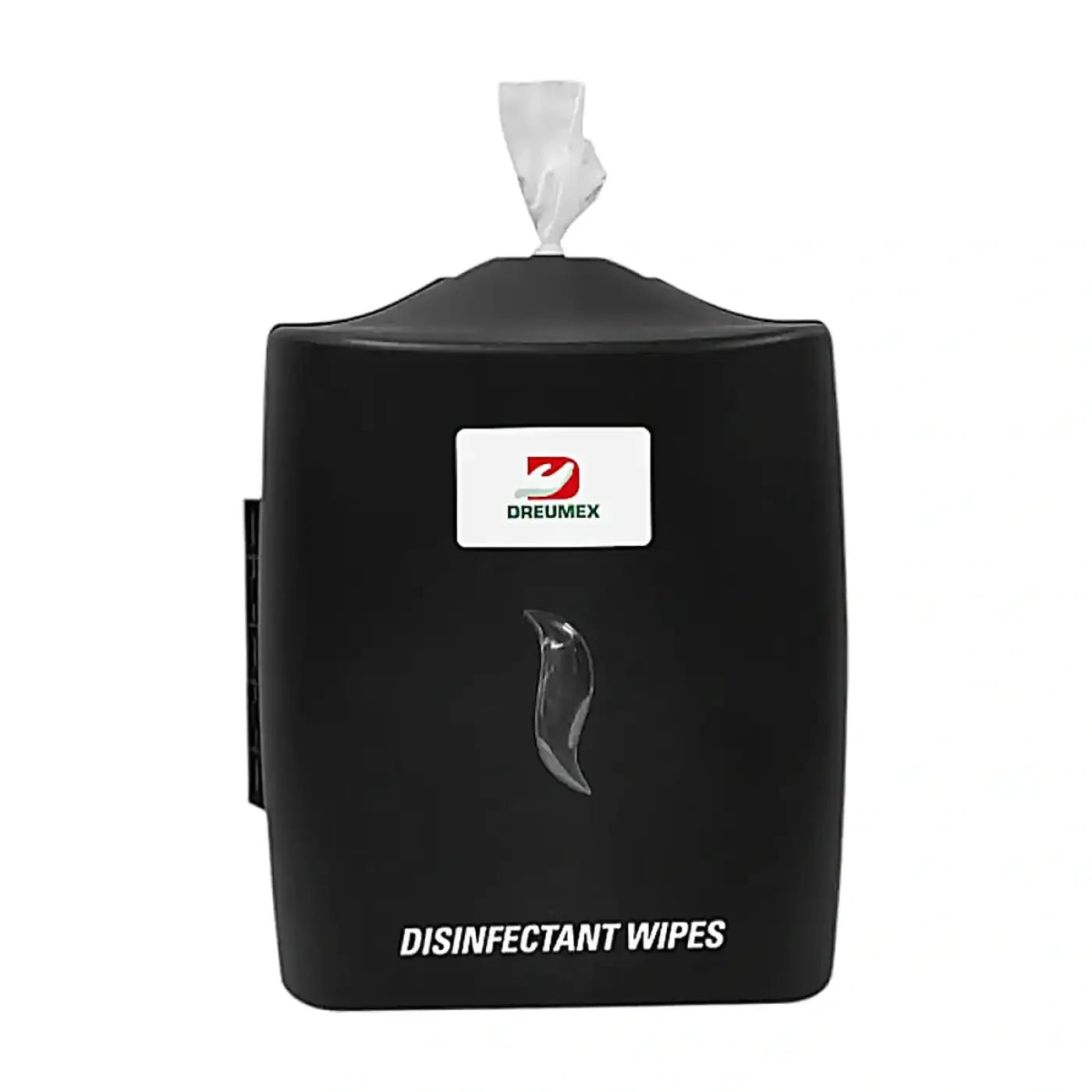 Dreumex wandspender aus schwarzem kunststoff mit transparentem ausgabeschlitz und weißer beschriftung