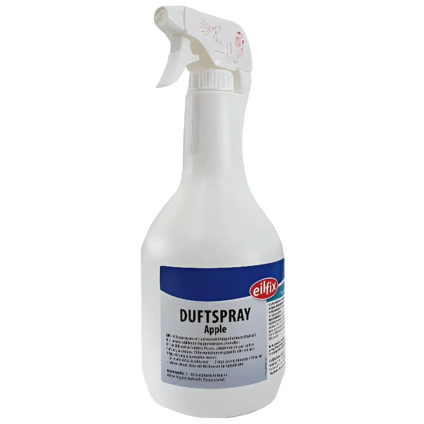 Weiße kunststoff-sprühflasche mit blauem etikett und weißer düse eiflex duftspray apfel toilettenduft 1l