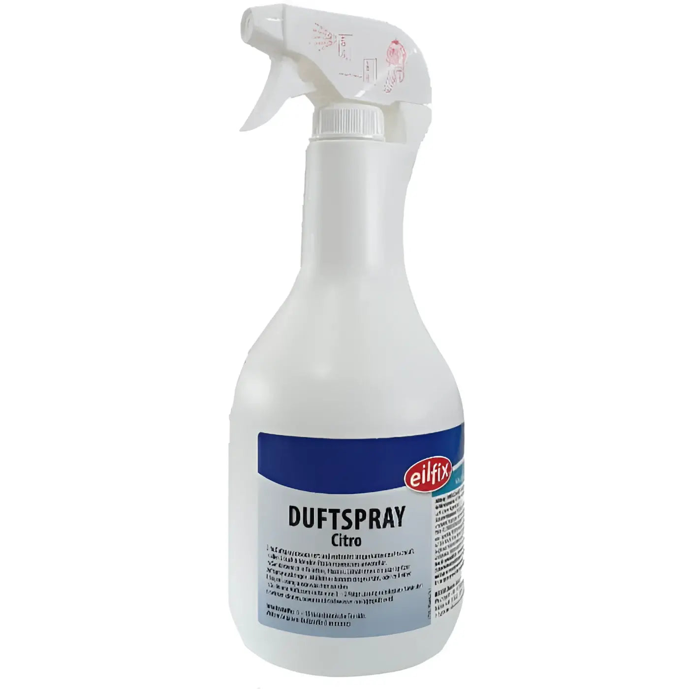 Weiße plastik-sprühflasche eilfix toiletten-duftspray citro 1l mit blauem etikett und zitronenduft