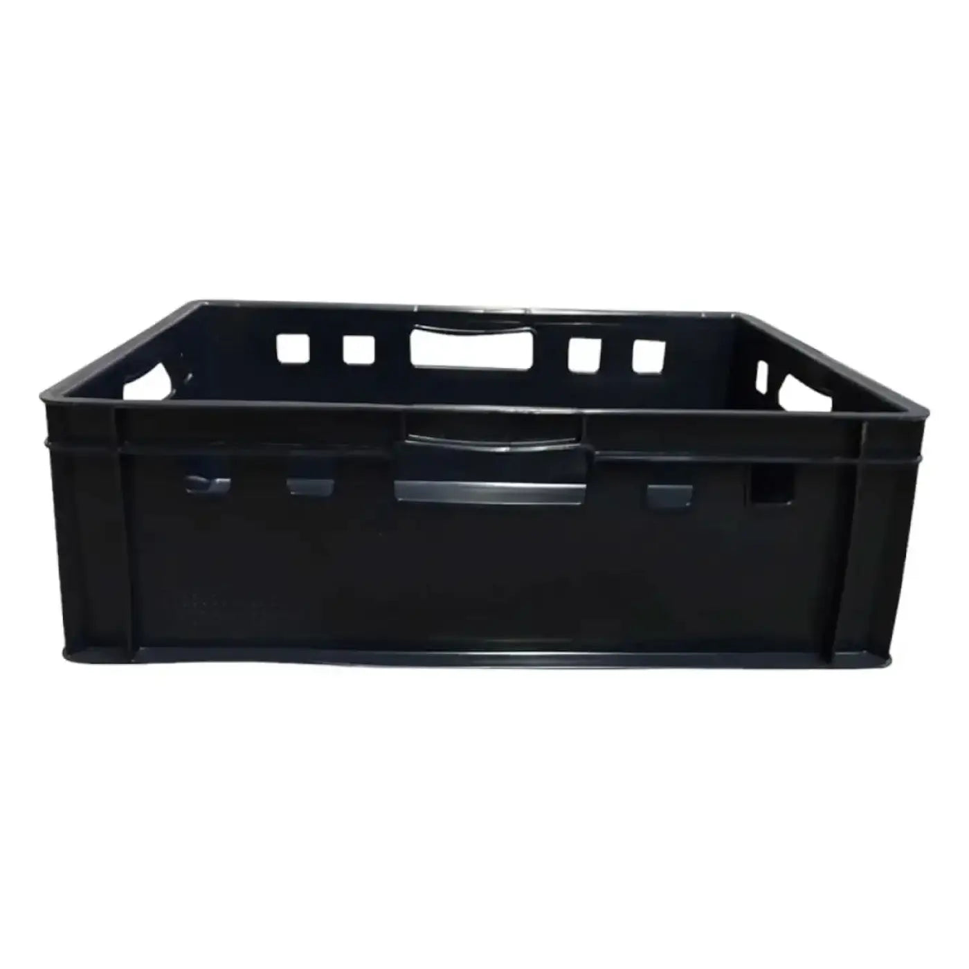 Schwarze eurobox 60x40x20 cm stapelbox aus hdpe mit integrierten griffen und quadratischen aussparungen am oberen rand