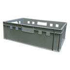 Graue plastik stapelbox eurobox 60x40x20 cm aus hdpe mit integrierten griffen und quadratischen aussparungen am oberen rand