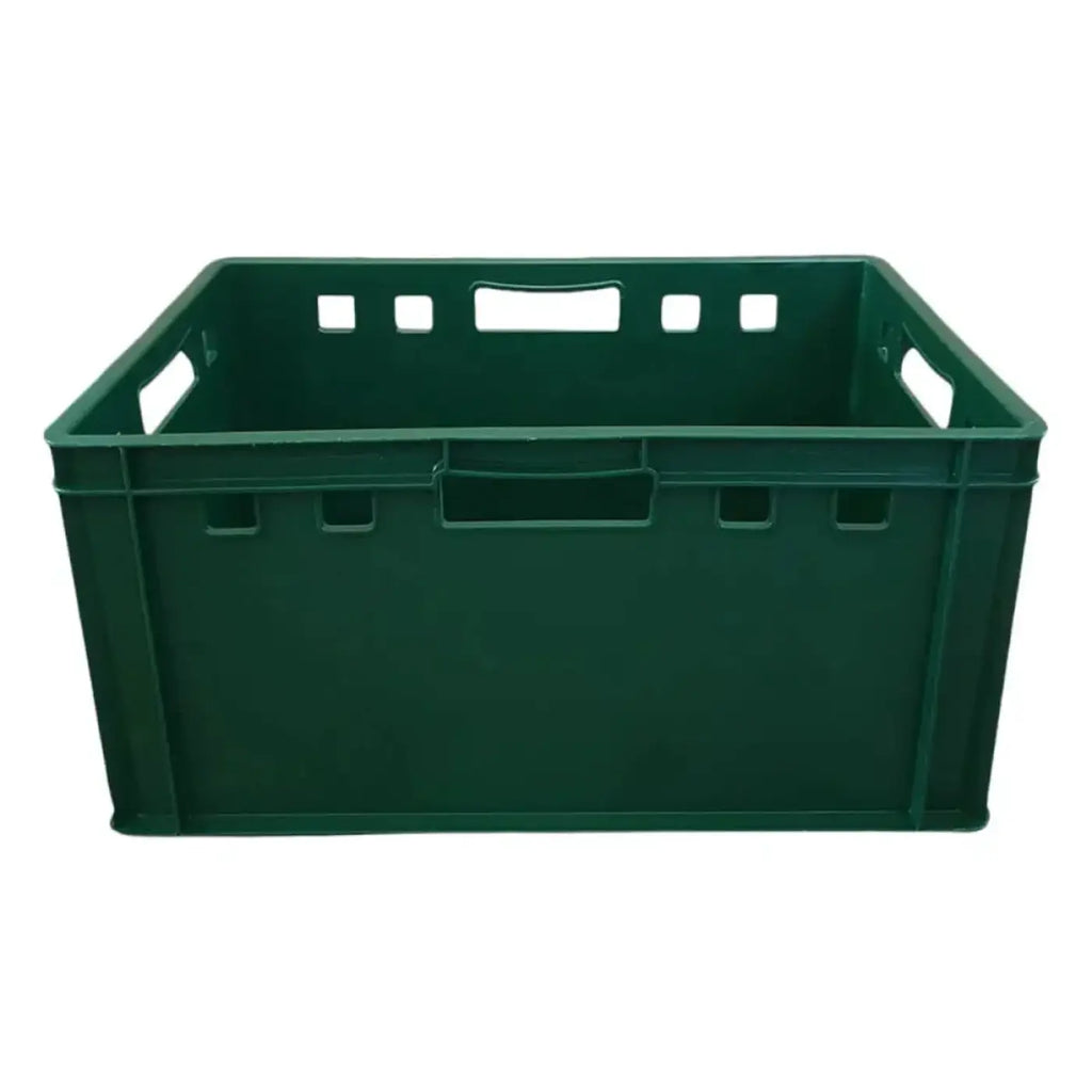 Dunkelgrüne eurobox 60x40x30 cm stapelbox aus hdpe mit integrierten griffen und quadratischen aussparungen