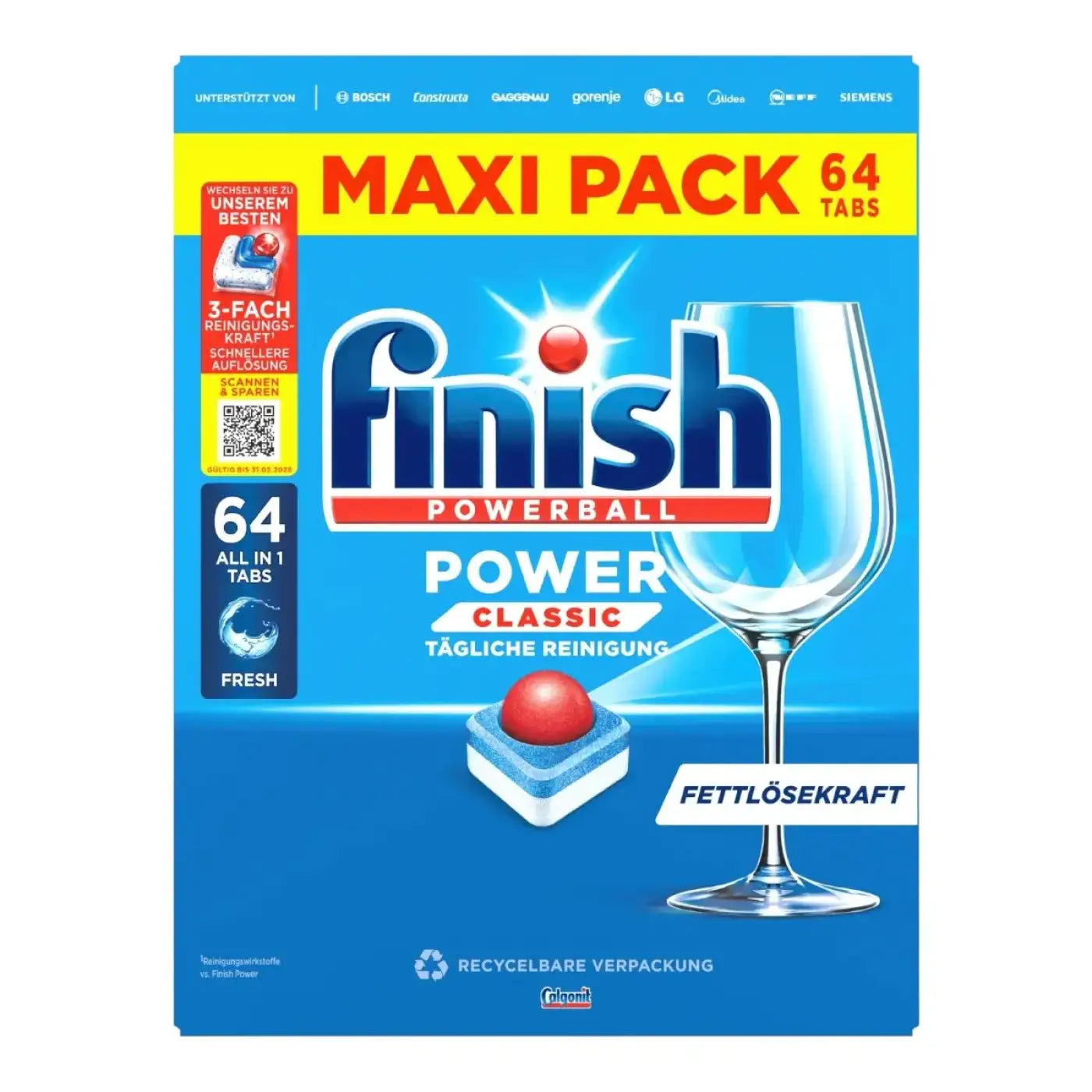 Finish powerball power classic all in1 fresh geschirrspültabs in blauer packung mit 64 stück