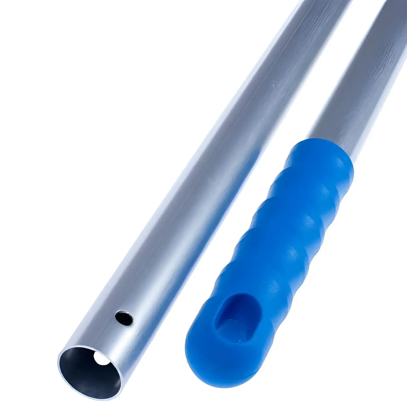 Silverner aluminiumstiel 140cm mit hellem blauem, strukturiertem griff für vielseitige bodenarbeiten