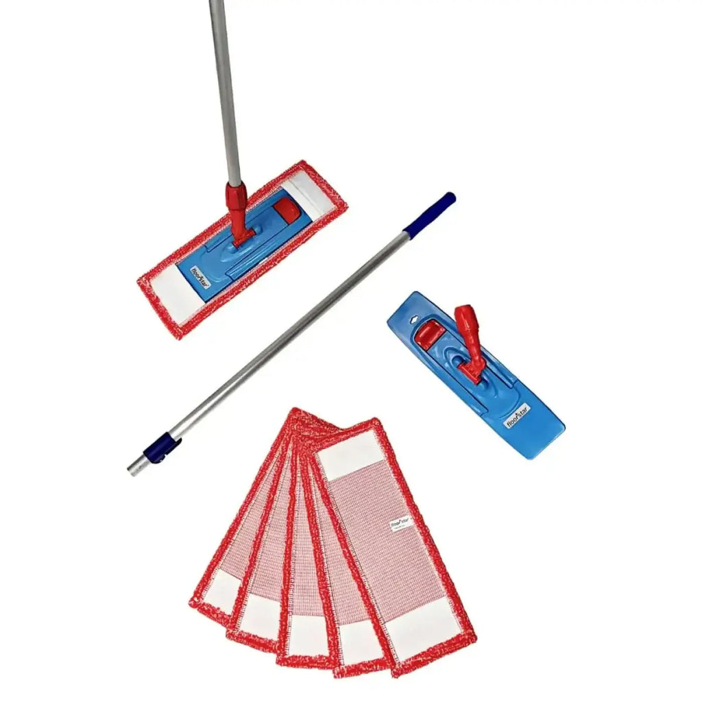 Floorstar bodenwischer set pix 7-teilig 50cm ws50 mit blauem und rotem mikrofaser wischkopf und silbernem griff