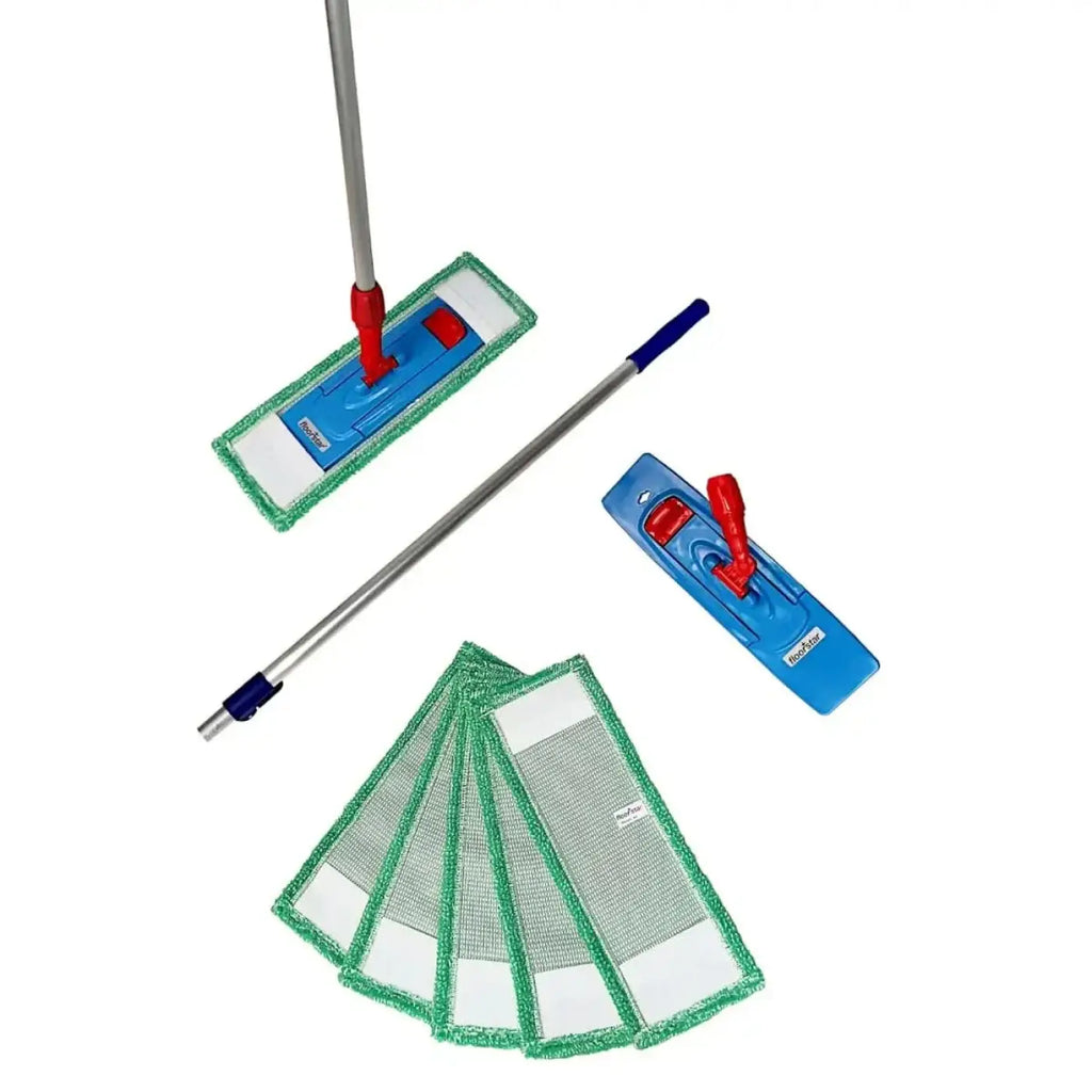 Floorstar bodenwischer set pix 7-teilig mit blau-rotem mikrofasermoppkopf und grünem rand an silbernem griff