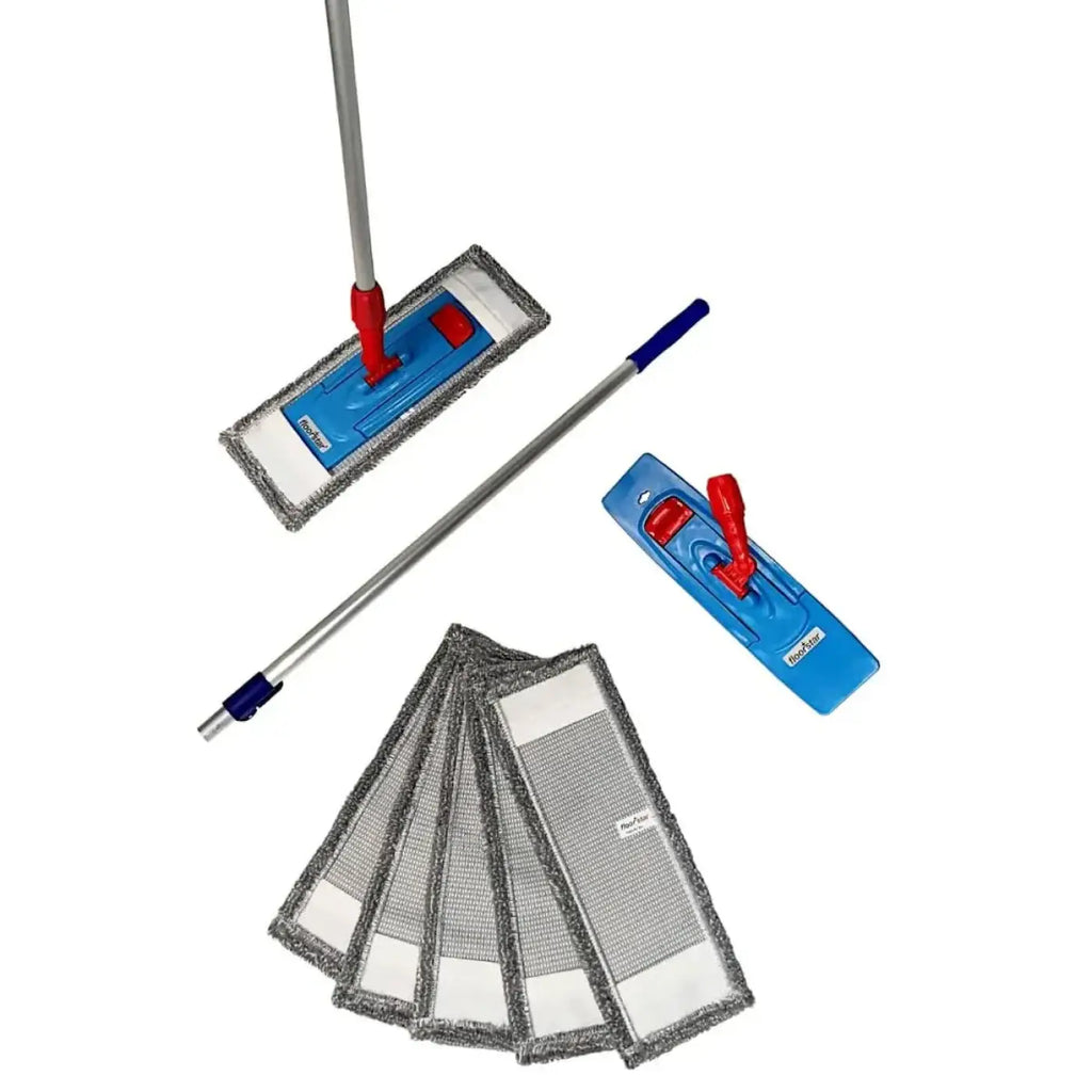 Floorstar bodenwischer set pix 7-teilig mit blauem und rotem mikrofasermoppkopf und austauschbaren grauen pads