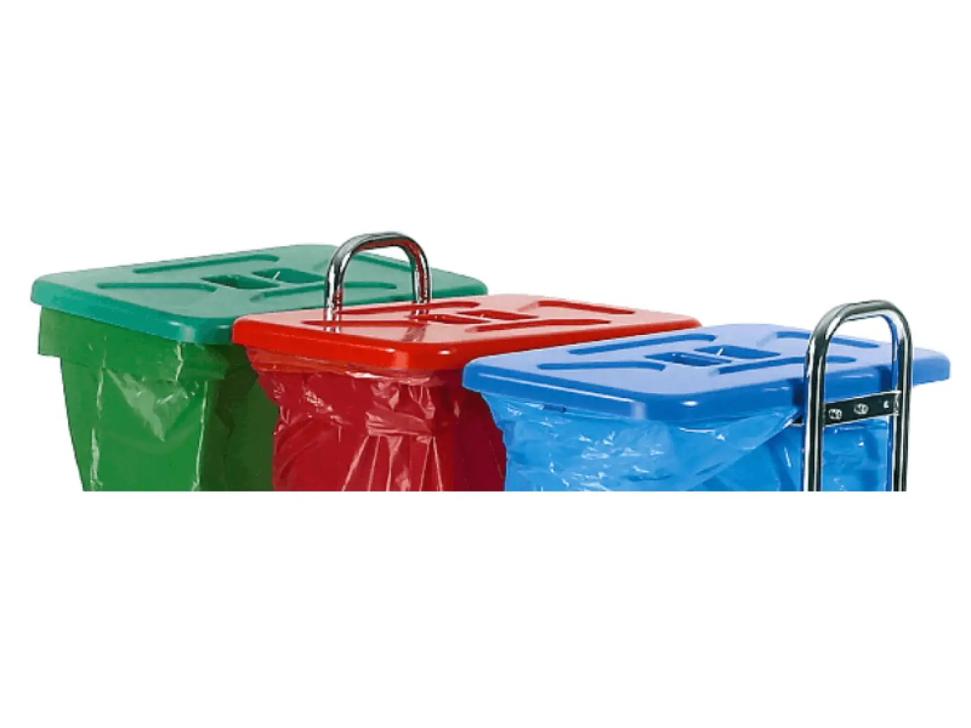 Floorstar deckel für tw 3 mit drei bunten plastik-recyclingbehältern in grün, rot und blau mit metallgriffen