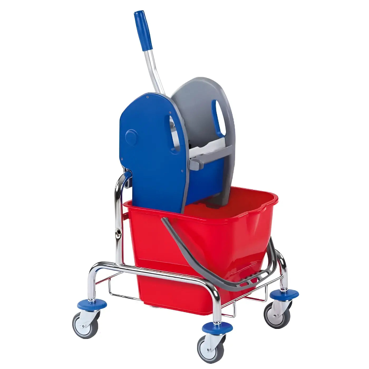 Roter plastik-eimer mit blauem und grauem moppresser an chrom-metallrahmen mit rollen für floorstar efa20 einfachfahrwagen 17l solid