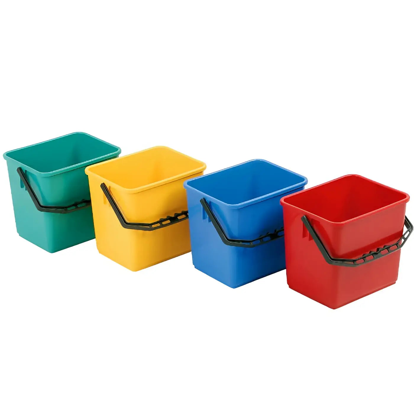 Set aus vier bunten floorstar kunststoff eimern 6l in türkis gelb blau und rot mit schwarzen metallgriffen