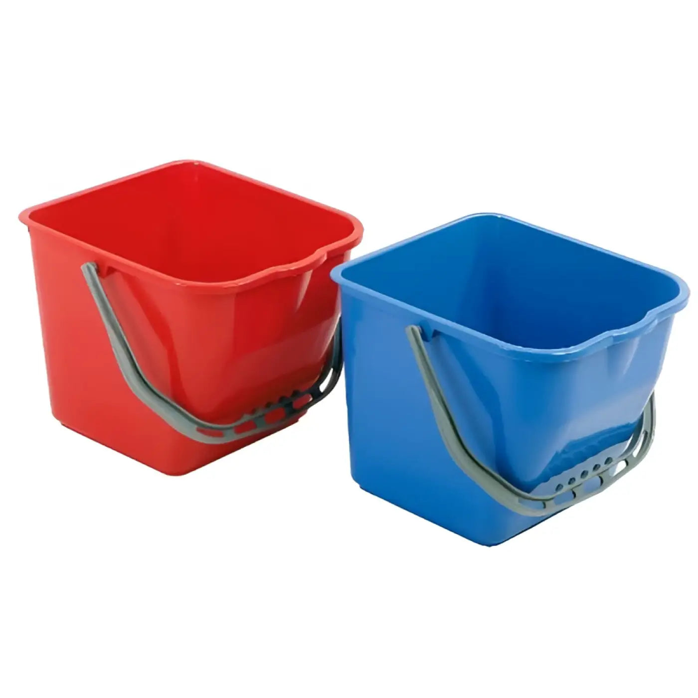 Floorstar kunststoffeimer 17l mit roten und blauen plastikmoppeimern und grauen metallgriffen