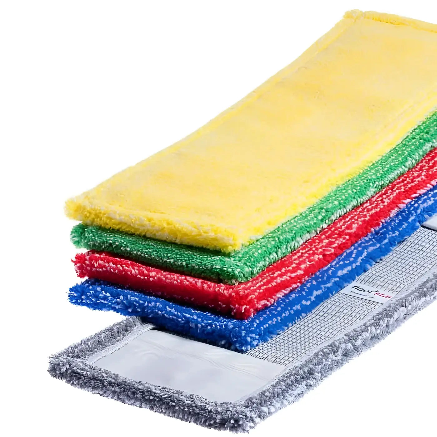 Stack aus farbigen microfiber mop pads in gelb grün rot und blau mit grauem mesh rückseite für floorstar microfasermopp thenufil pix