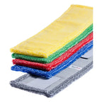 Gestapelte microfiber mop pads in gelb grün rot blau und grau mit strukturierter oberfläche für floorstar microfasermopp thenufil pix lasche