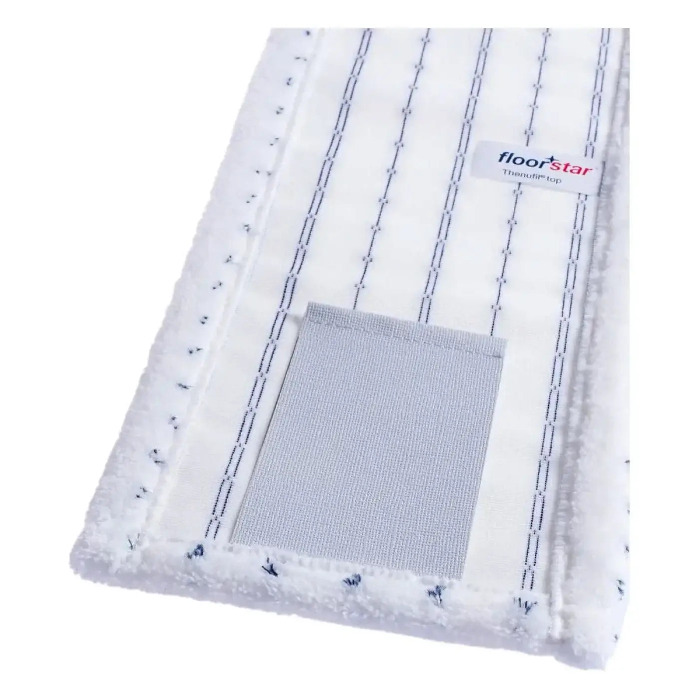 White floorstar thermuff microfasermopp mit grauem klebestreifen und schwarzen nähdetails für effiziente reinigung