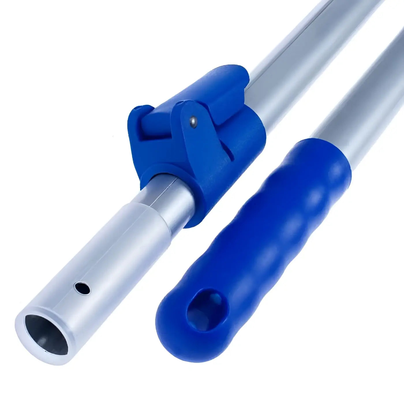 Blauer kunststoffgriff und klappverschluß an silbernem aluminium teleskopstiel floorstar 90-160cm