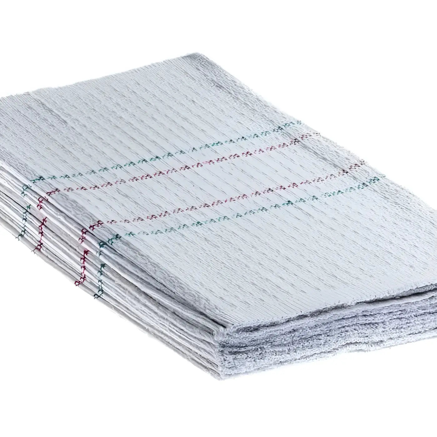 Stapel aus hellgrauen mikrofaser-floorstar waffelbodentüchern mit buntem gestreiftem nähmuster