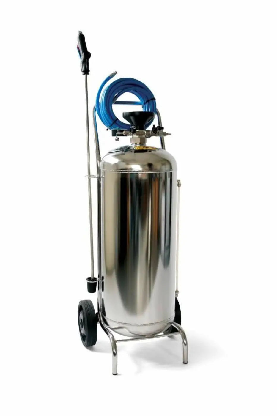 Foam-Matic 24 L edelstahl kompress-sprüher mit blauem schlauch und schwarzem sprühgerät auf fahrbarem wagen
