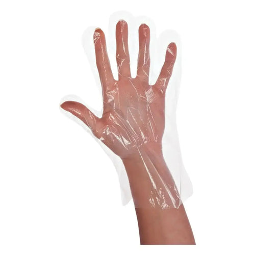 Transparenter kunststoff einweghandschuh aus hdpe hygonorm polyclassic strong auf hand getragen