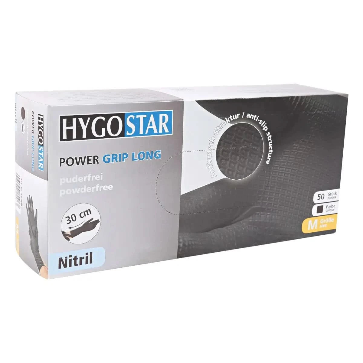 Hygostar Power Grip Long Nitril-Handschuhe Schwarz 50 Stück.