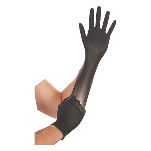 Hygostar safe super stretch schwarze nitril handschuhe aus latex werden an der hand getragen