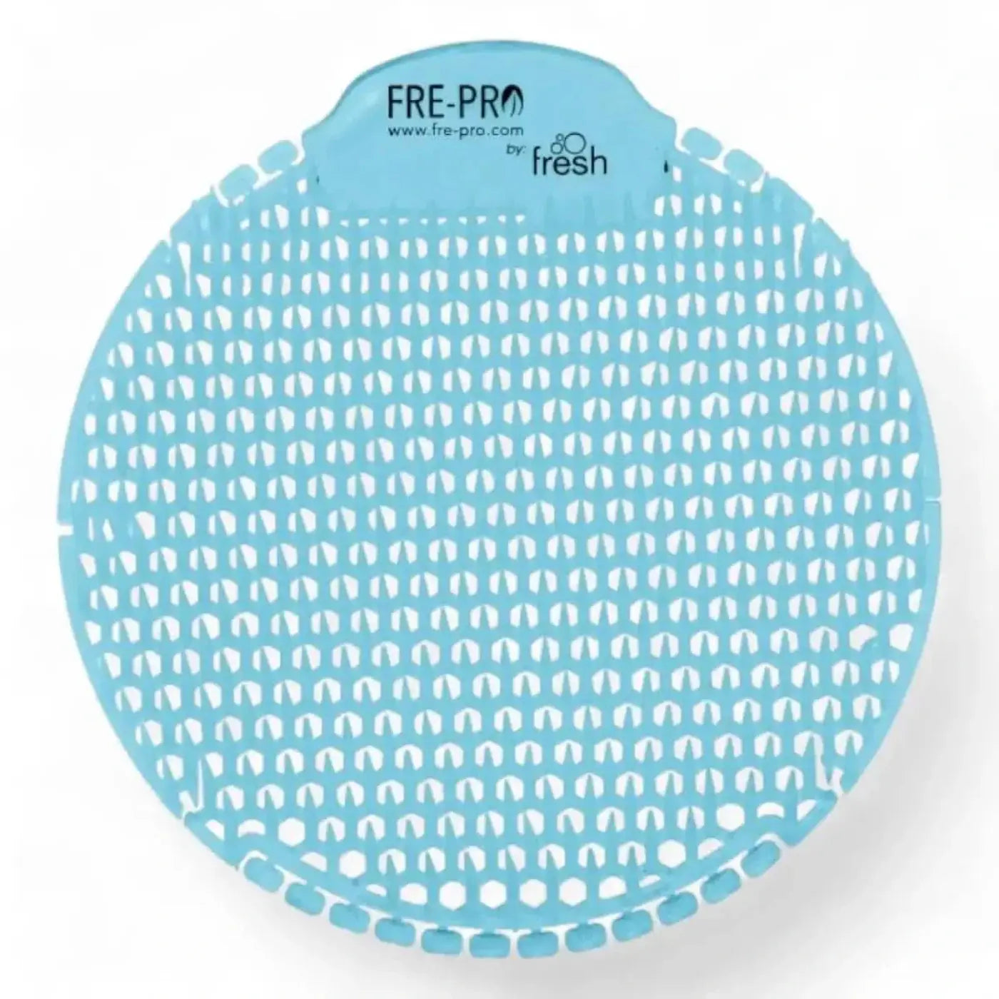 Frepro slant urinalsieb mit duft in hellblauem kreisförmigem plastik mit perforiertem design und fre-pro by fresh branding