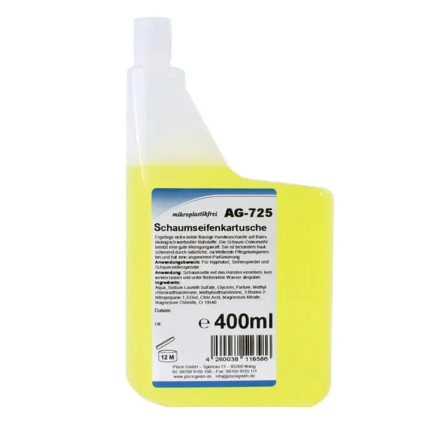 Eine durchscheinend gelbe schaumseifenkartusche ag-725 mit weißem deckel und blauem etikett 400 ml für lustige schaumseife