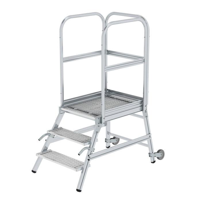 Günzburger Steigtechnik Podesttreppe einseitig begehbar mit Rollen und Griffen Stahl-Gitterrost 3-Stufig