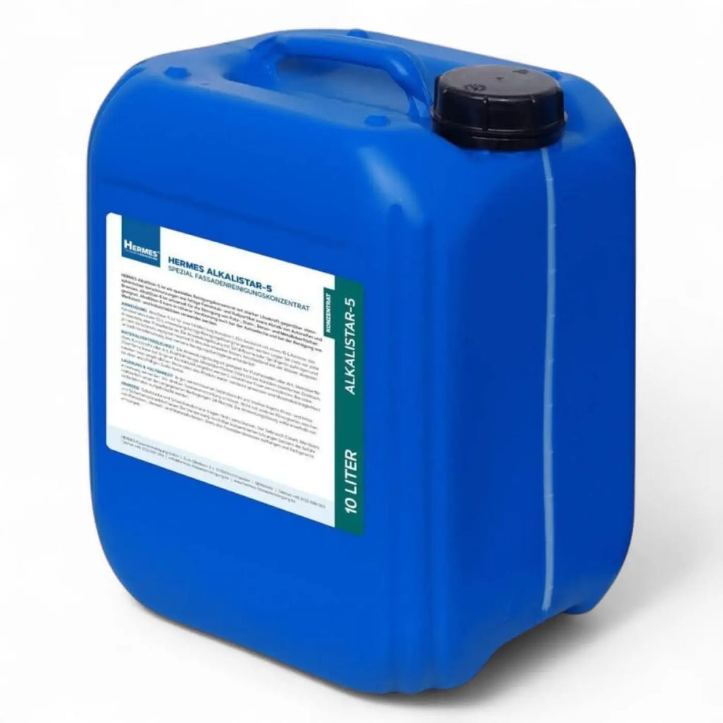 Blauer kunststoffkanister mit schwarzem deckel und white label hermes alkalistar-5 10 liter konzentrat