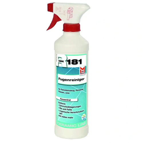 Weiße kunststoff-sprühflasche mit rotem abzug und deckel hmk r181 fugenreiniger 500ml für keramikfliesenreinigung