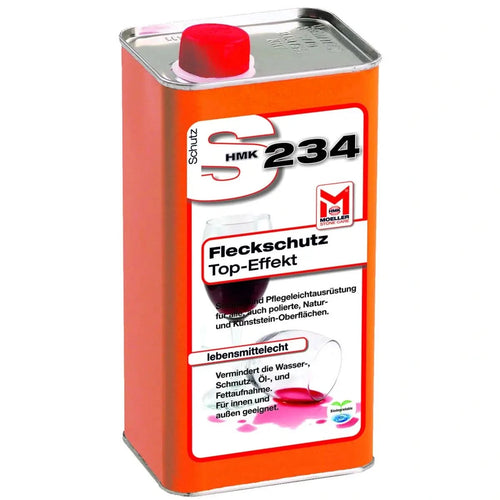 Orange metalldose mit rotem deckel und weißem etikett schutz hmk 234 zeigt weinglas verschmutzung für steinimprägnierung