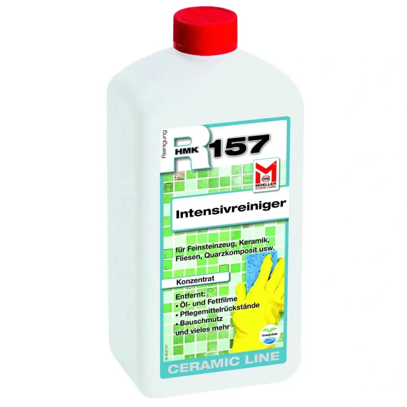 Weiße plastikflasche mit rotem deckel und grün-weißem etikett moeller store care intensivreiniger für keramikoberflächen 5l