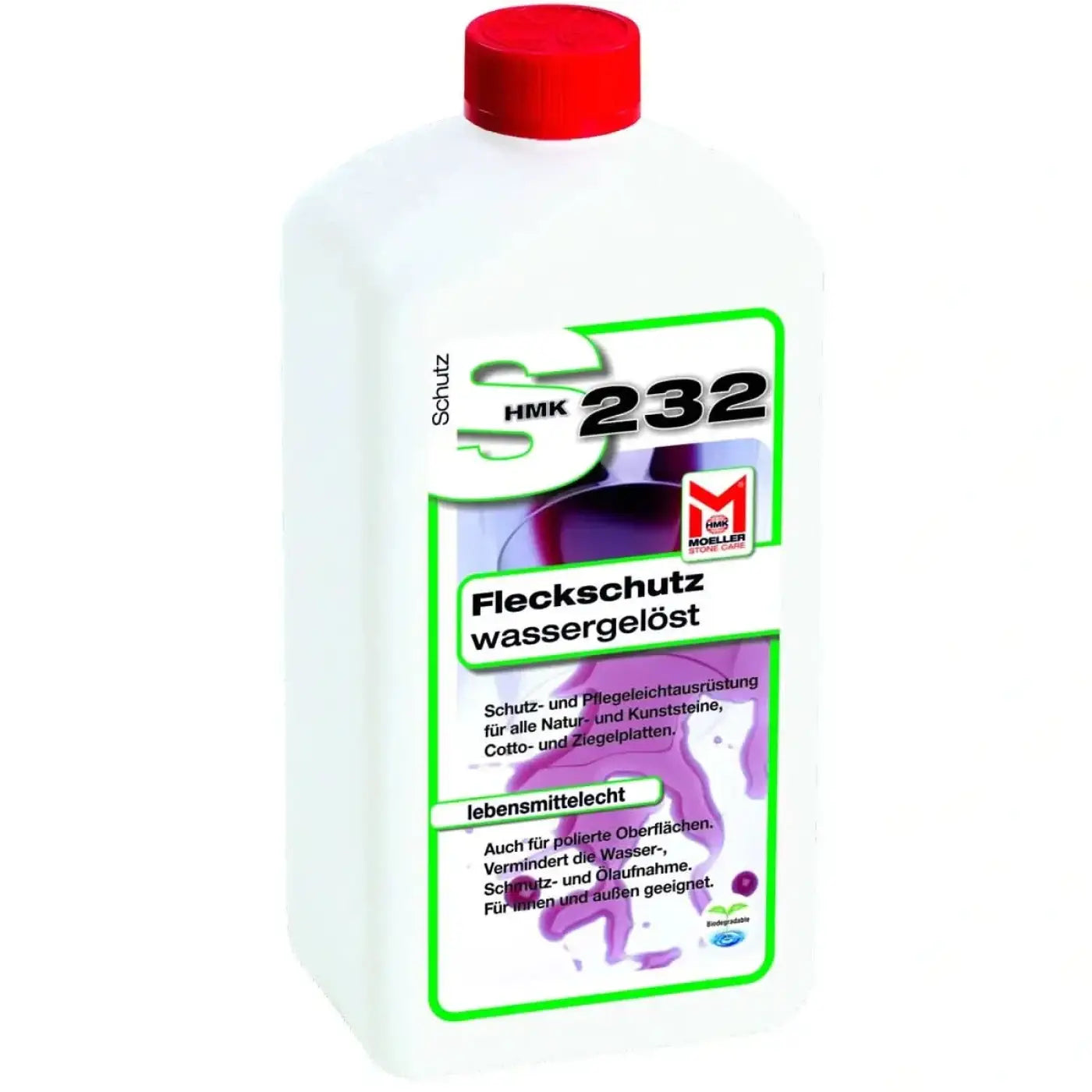 Weiße plastikflasche mit rotem deckel und grünem etiket mit hmk 232 branding für wasserlöslichen fleckenschutz von moeller